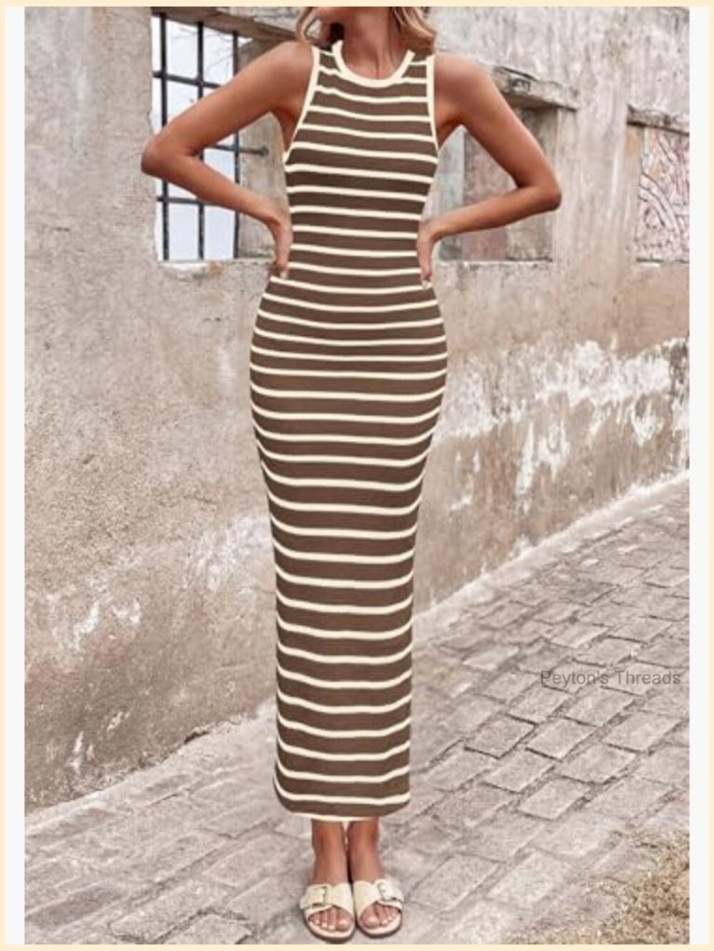 Striped Knit Bodycon Maxi Dress with Side Slit Summer Beach Vacation - Picture 2 of 7